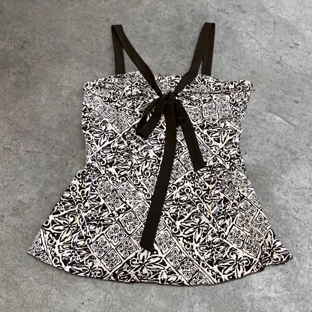 y2k brown and white paisley print tie babydoll tank top large
